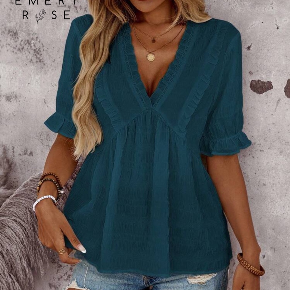 Emery Rose Deep Teal V-Neck Blouse